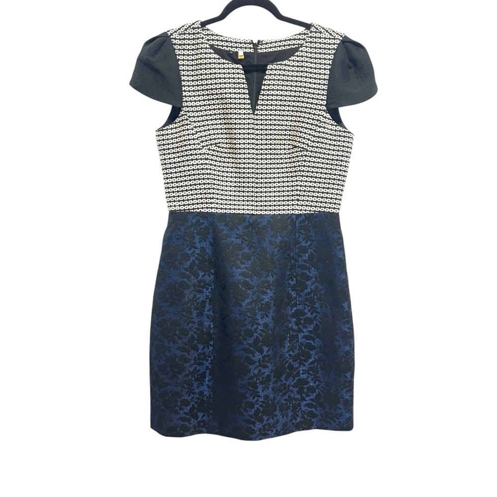 Anthropologie 4c Sheath Dress Cap Sleeve Elegant Mixed Media Blue Black Tweed 10